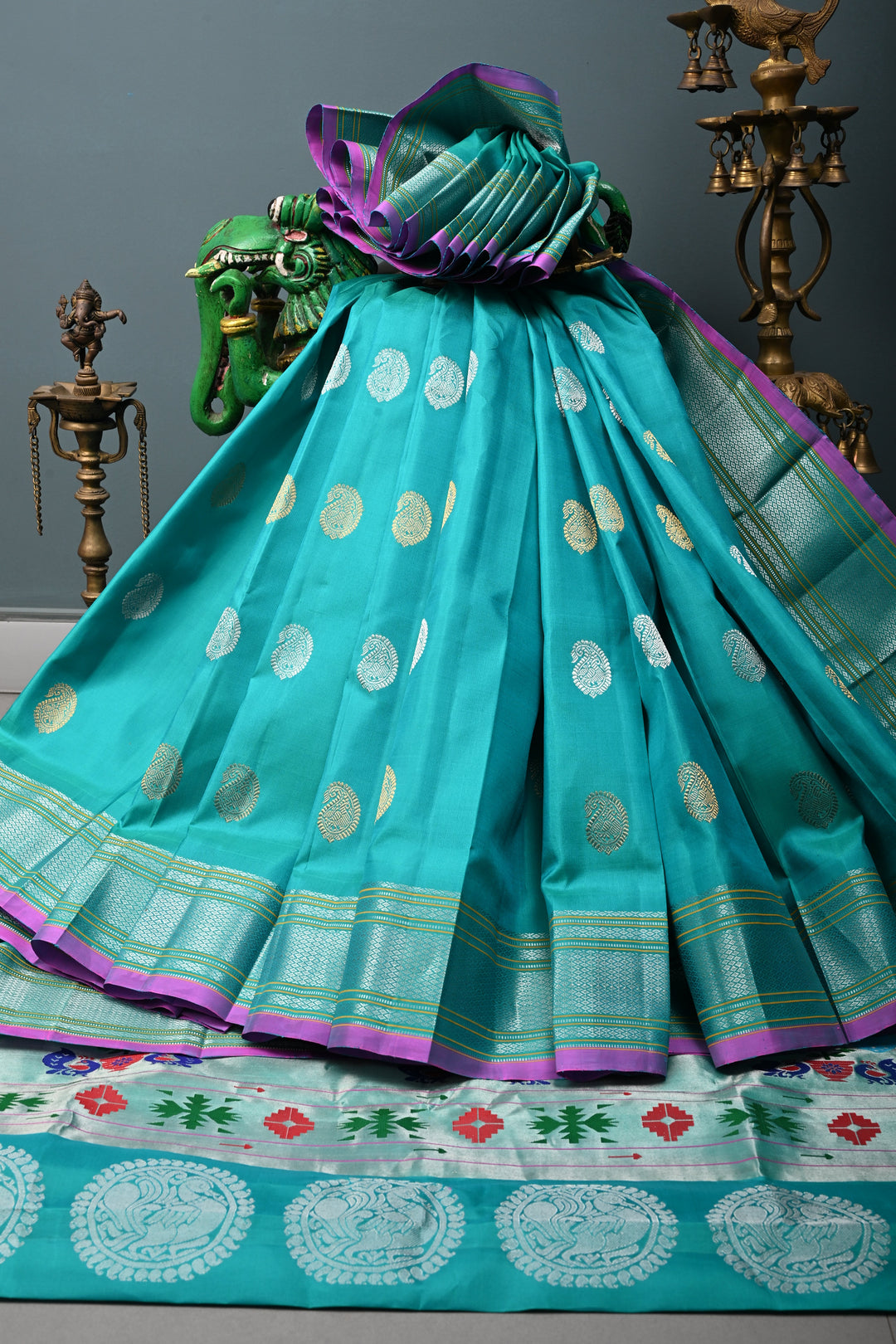 Turquoise Pure Gadwal Silk Saree with Gold Silver Buttas and Zari Border | SILK MARK CERTIFIED | SHOBITAM