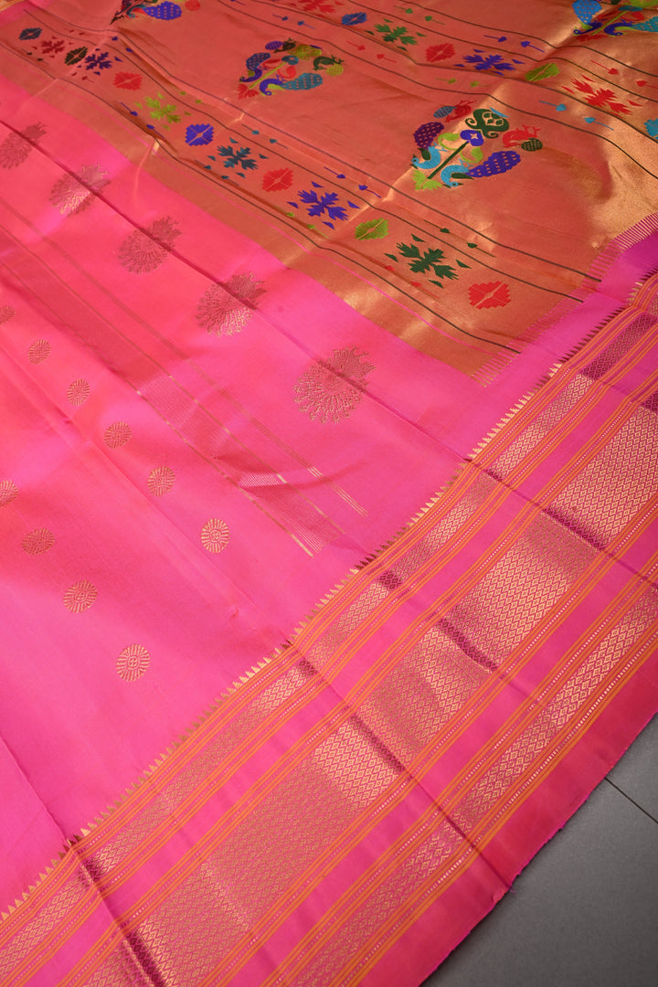 Pink Pure Gadwal Silk saree with zari butta and Zari Border | SILK MARK CERTIFIED SHOBITAM
