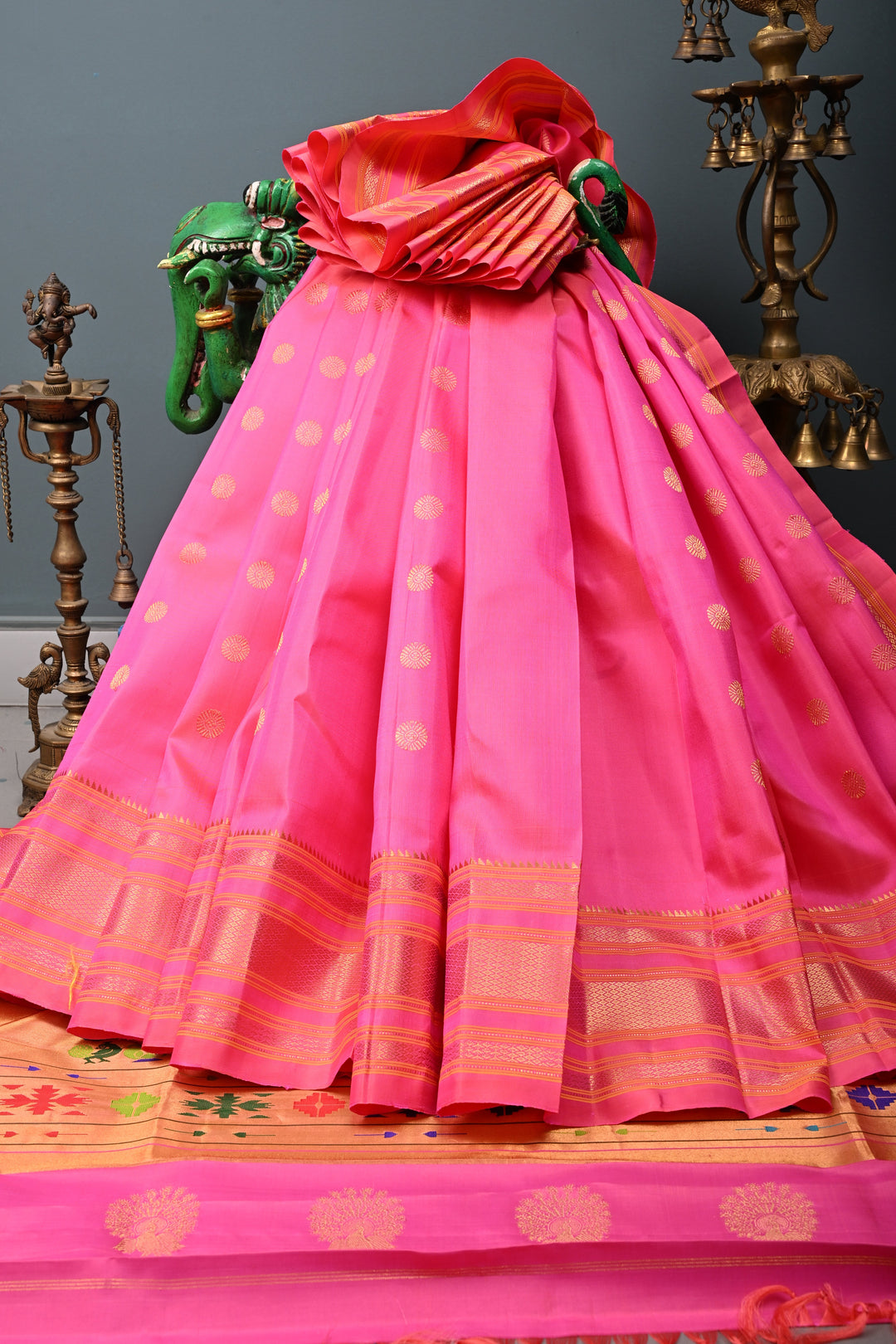 Pink Pure Gadwal Silk saree with zari butta and Zari Border | SILK MARK CERTIFIED SHOBITAM