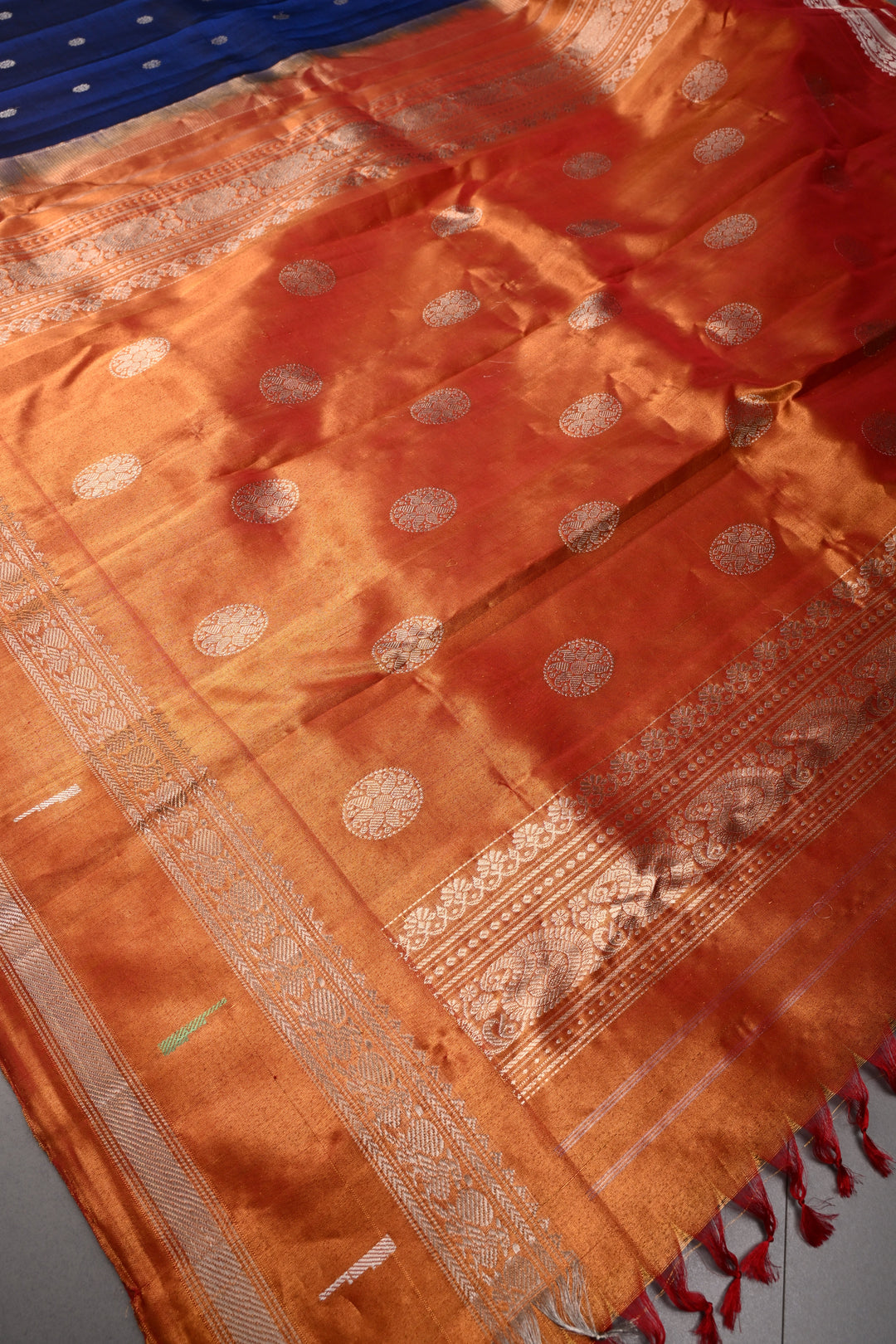 Ink Blue Pure Gadwal Silk Saree with Silver Zari Buttas and Paithani Style Tissue Zari Border | SILK MARK CERTIFIED | SHOBITAM