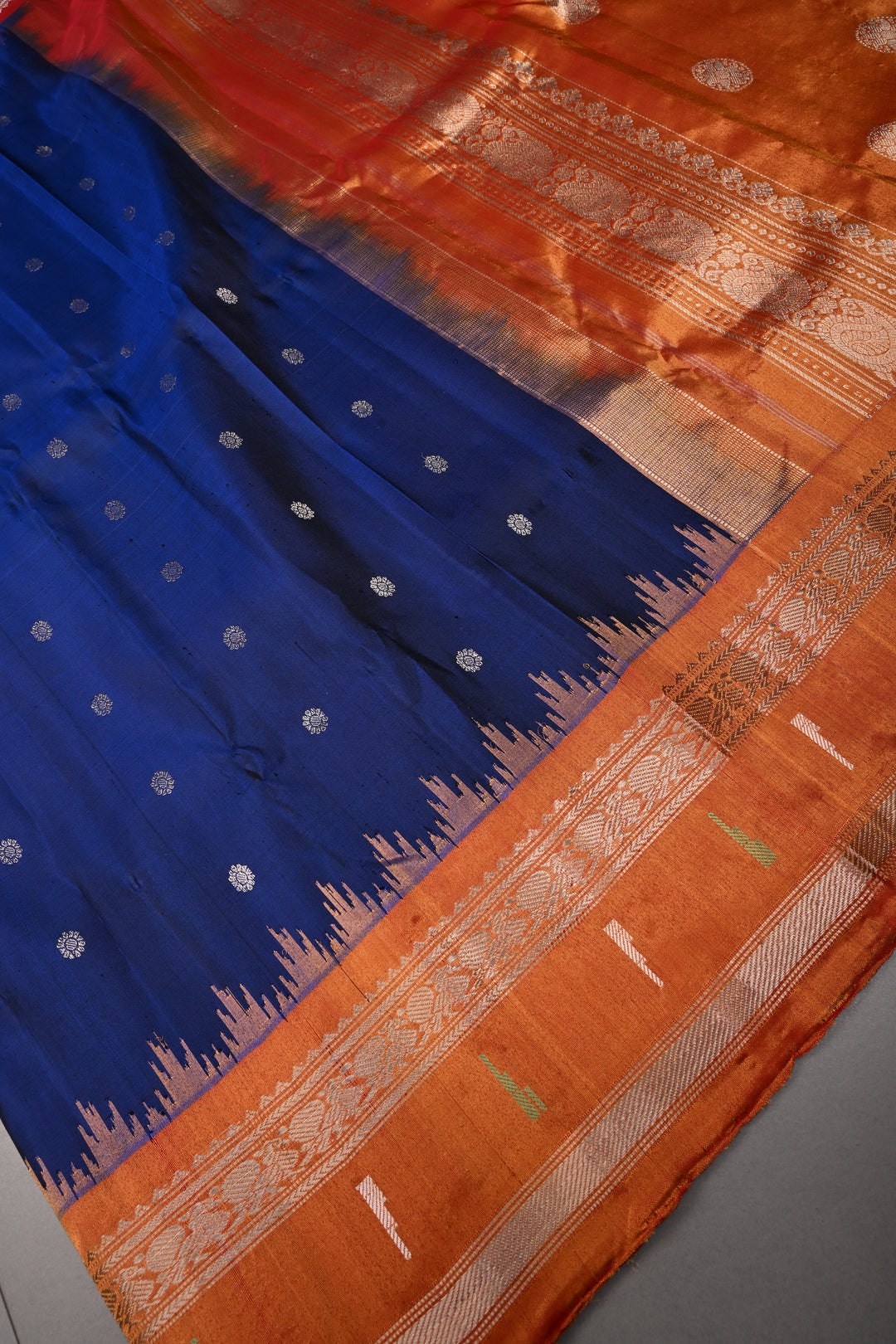 Ink Blue Pure Gadwal Silk Saree with Silver Zari Buttas and Paithani Style Tissue Zari Border | SILK MARK CERTIFIED | SHOBITAM