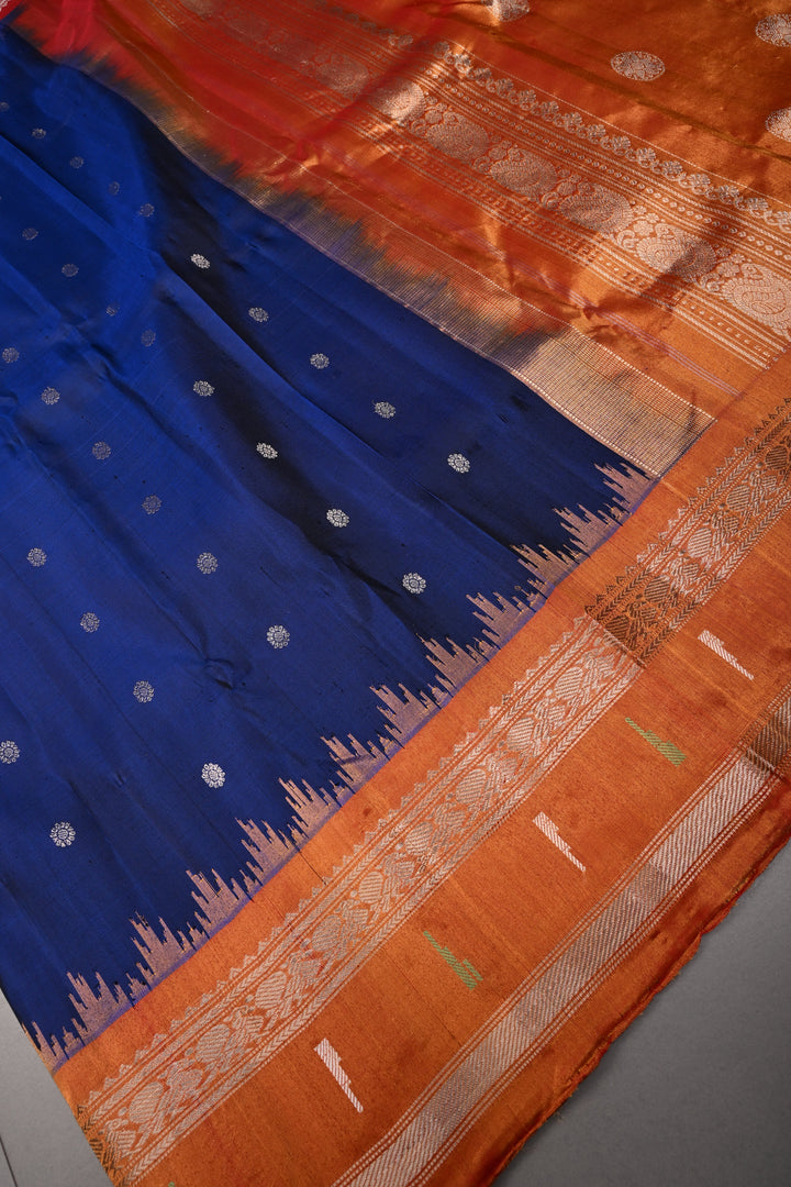 Ink Blue Pure Gadwal Silk Saree with Silver Zari Buttas and Paithani Style Tissue Zari Border | SILK MARK CERTIFIED | SHOBITAM