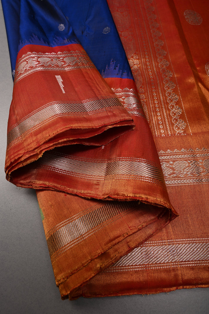 Ink Blue Pure Gadwal Silk Saree with Silver Zari Buttas and Paithani Style Tissue Zari Border | SILK MARK CERTIFIED | SHOBITAM
