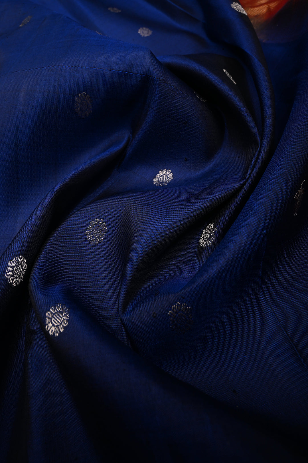 Ink Blue Pure Gadwal Silk Saree with Silver Zari Buttas and Paithani Style Tissue Zari Border | SILK MARK CERTIFIED | SHOBITAM