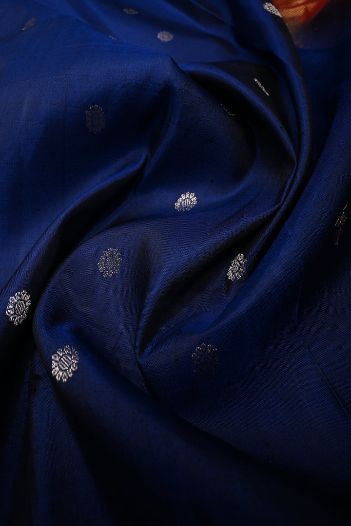 Ink Blue Pure Gadwal Silk Saree with Silver Zari Buttas and Paithani Style Tissue Zari Border | SILK MARK CERTIFIED | SHOBITAM
