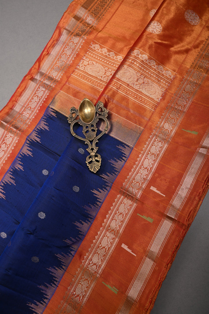 Ink Blue Pure Gadwal Silk Saree with Silver Zari Buttas and Paithani Style Tissue Zari Border | SILK MARK CERTIFIED | SHOBITAM