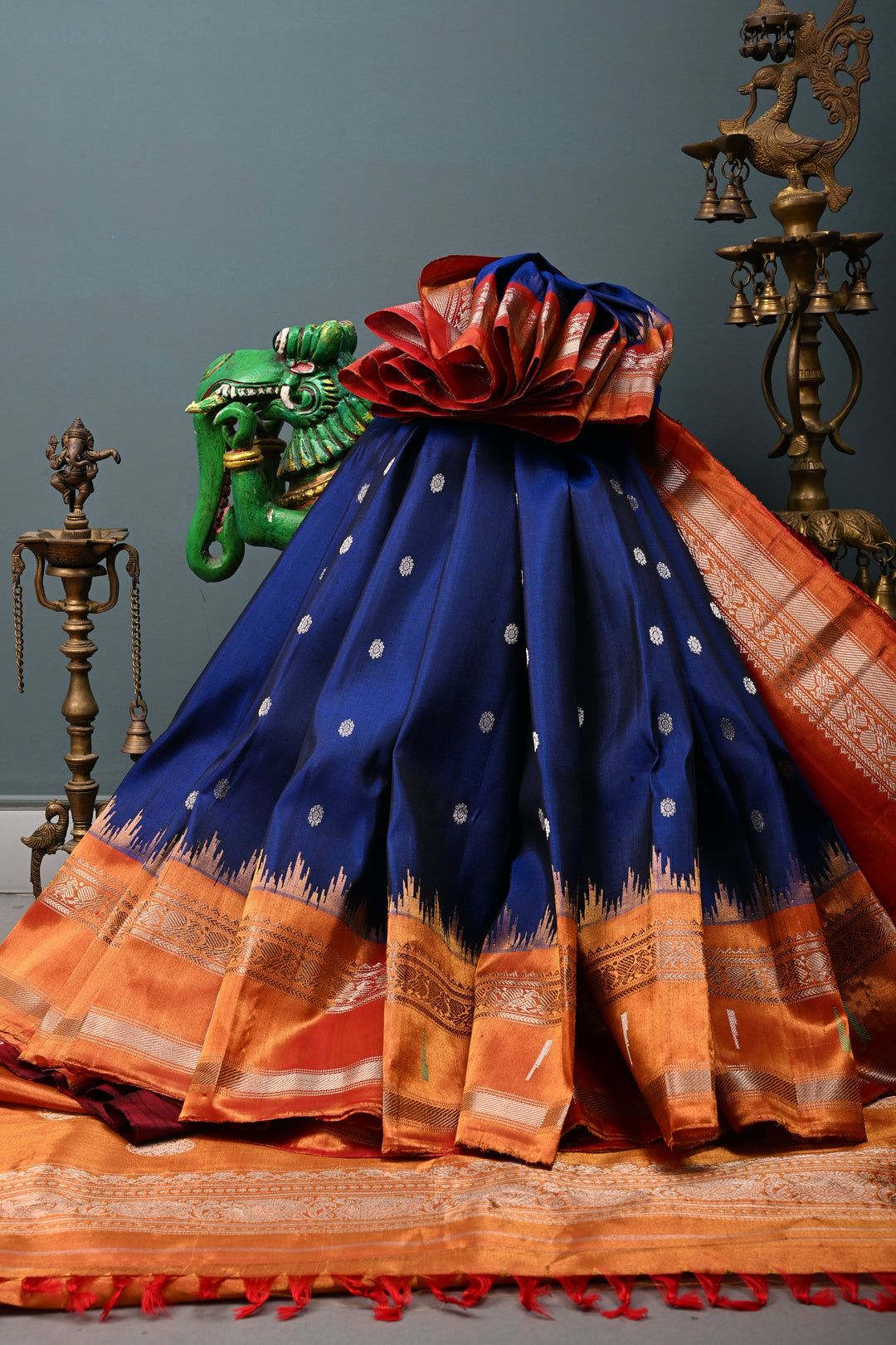 Ink Blue Pure Gadwal Silk Saree with Silver Zari Buttas and Paithani Style Tissue Zari Border | SILK MARK CERTIFIED | SHOBITAM