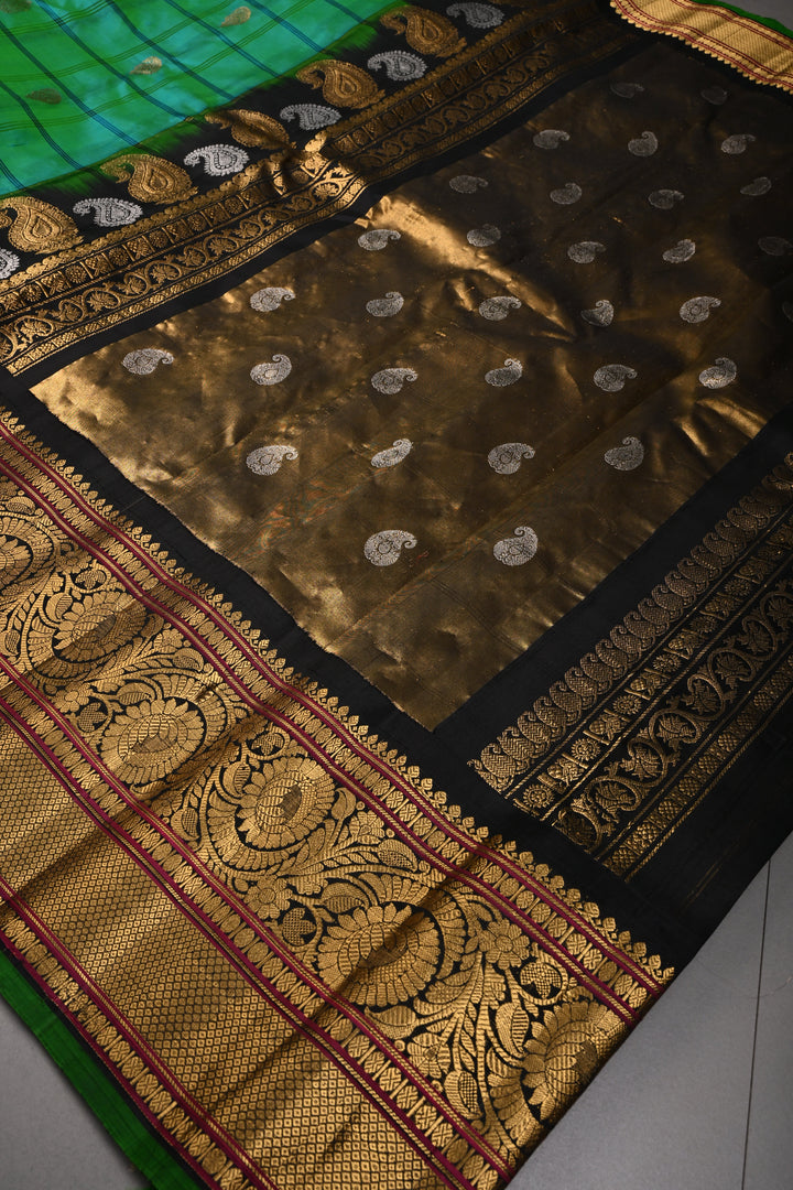 Teal Self Checks on Pure Gadwal Silk Handloom Saree with Zari Buttas and and Contrast Zari Border | SILK MARK CERTIFIED