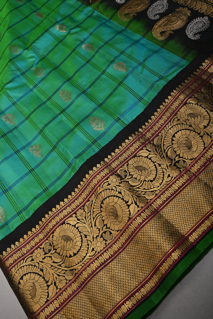 Teal Self Checks on Pure Gadwal Silk Handloom Saree with Zari Buttas and and Contrast Zari Border | SILK MARK CERTIFIED