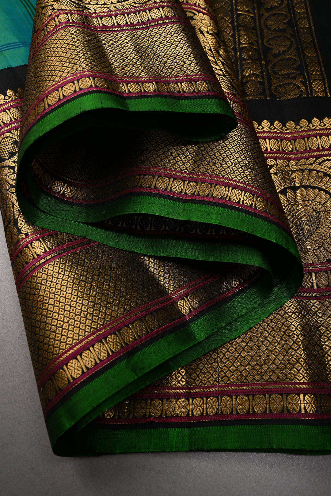 Teal Self Checks on Pure Gadwal Silk Handloom Saree with Zari Buttas and and Contrast Zari Border | SILK MARK CERTIFIED