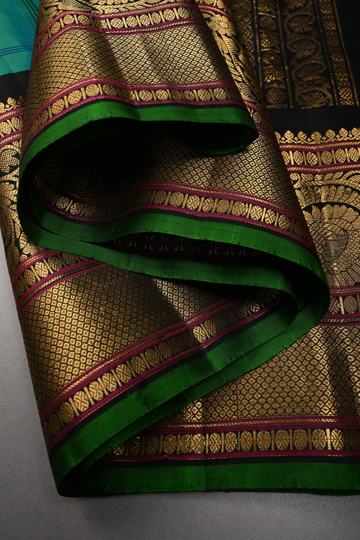 Teal Self Checks on Pure Gadwal Silk Handloom Saree with Zari Buttas and and Contrast Zari Border | SILK MARK CERTIFIED
