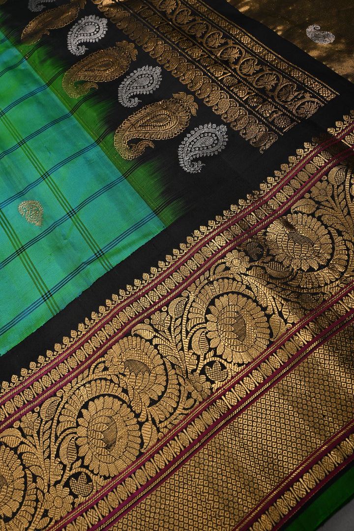 Teal Self Checks on Pure Gadwal Silk Handloom Saree with Zari Buttas and and Contrast Zari Border | SILK MARK CERTIFIED