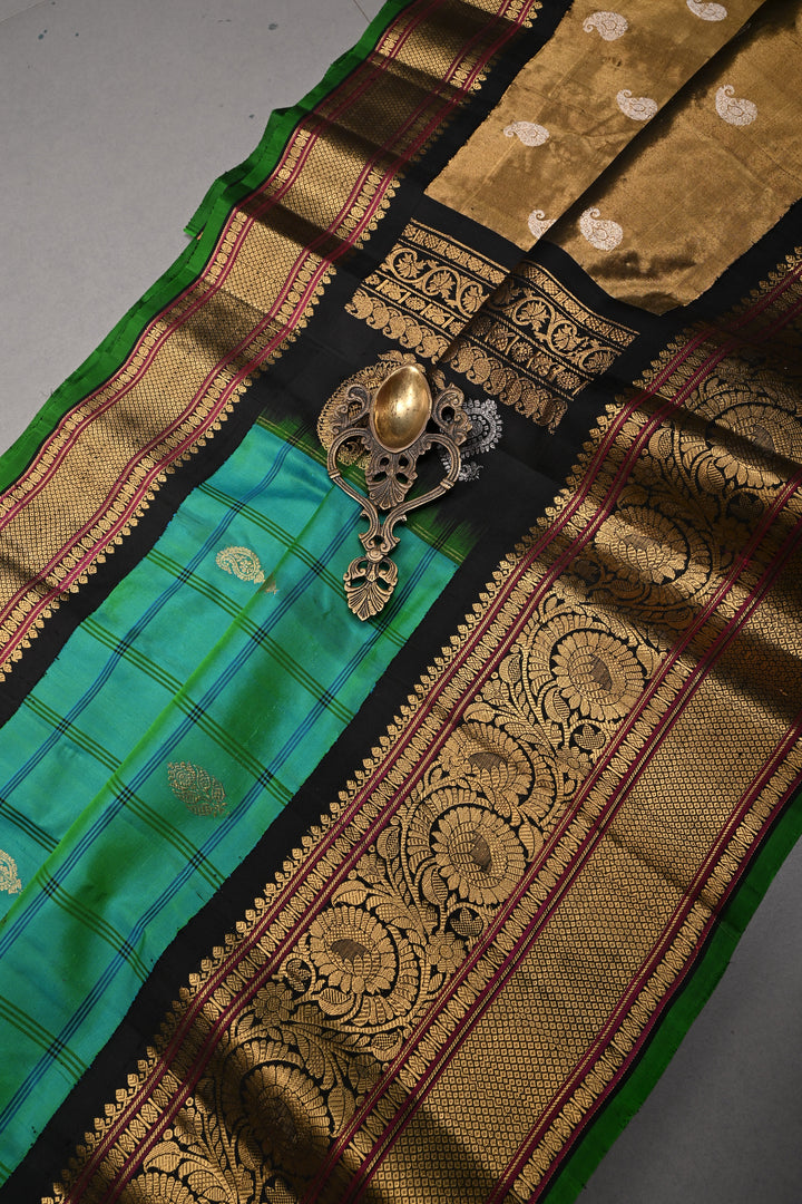 Teal Self Checks on Pure Gadwal Silk Handloom Saree with Zari Buttas and and Contrast Zari Border | SILK MARK CERTIFIED