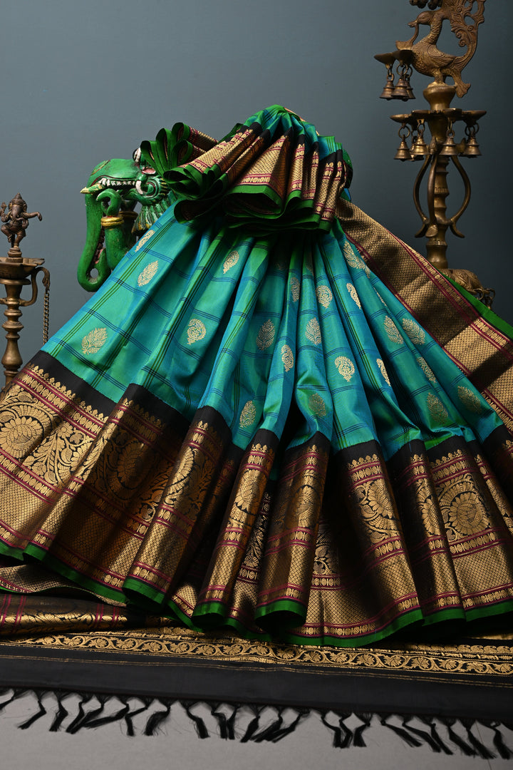 Teal Self Checks on Pure Gadwal Silk Handloom Saree with Zari Buttas and and Contrast Zari Border | SILK MARK CERTIFIED