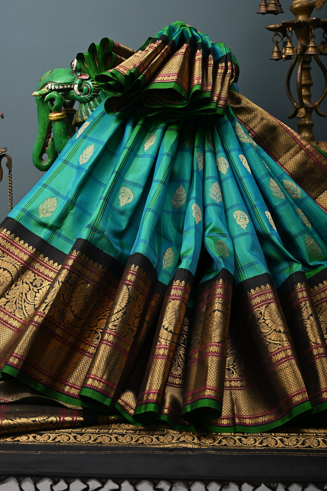 Teal Self Checks on Pure Gadwal Silk Handloom Saree with Zari Buttas and and Contrast Zari Border | SILK MARK CERTIFIED