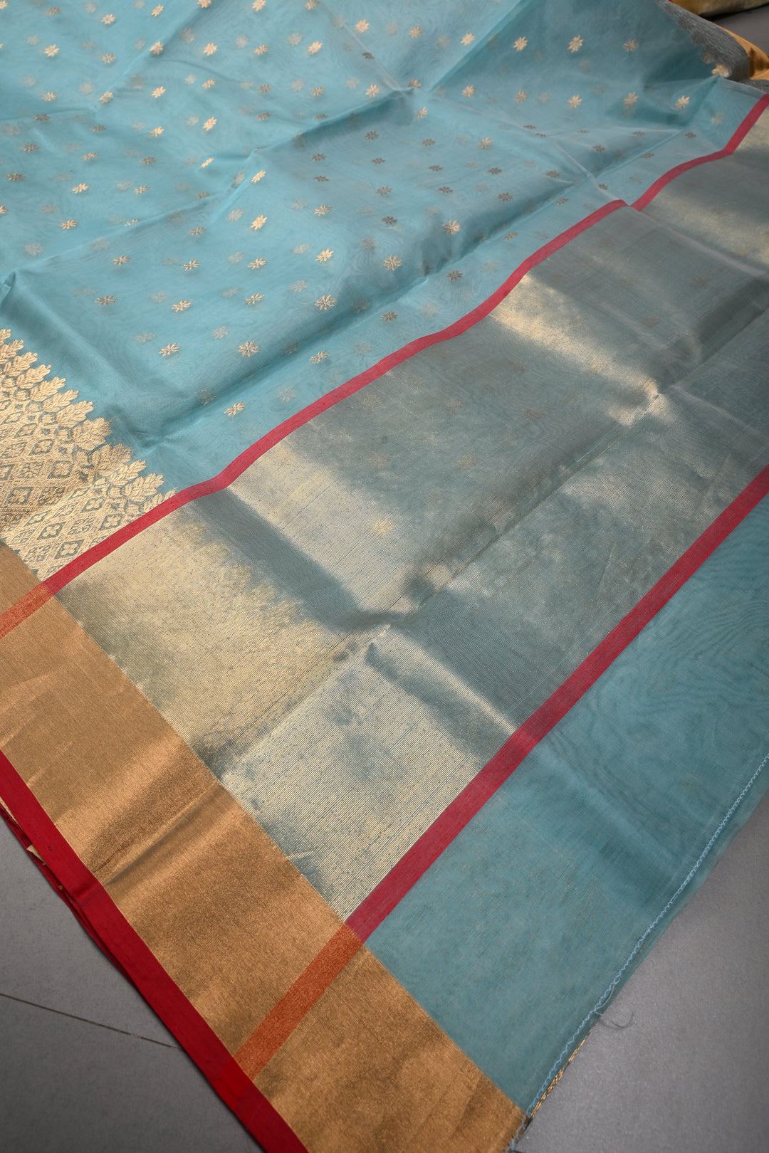 Light Blue Chanderi Silk Saree with Zari Buttas and Panel Design on Tissue Zari Border | SHOBITAM