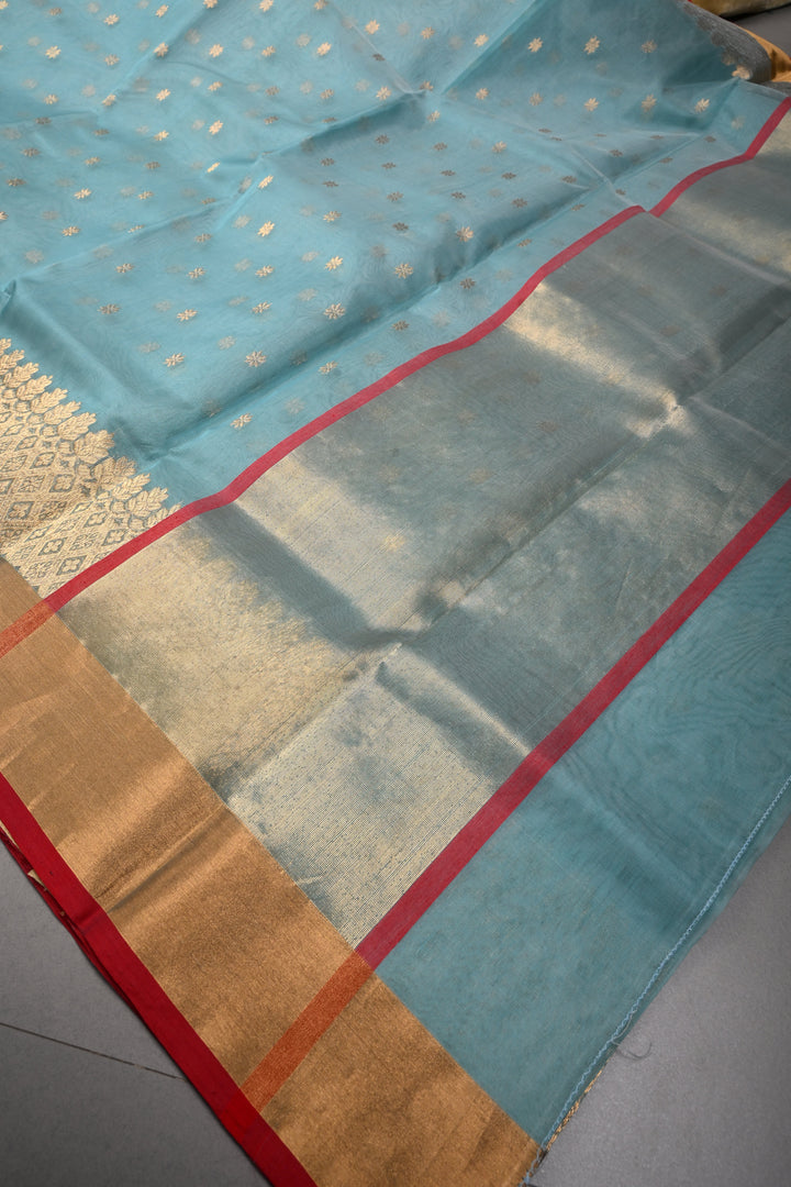 Light Blue Chanderi Silk Saree with Zari Buttas and Panel Design on Tissue Zari Border | SHOBITAM
