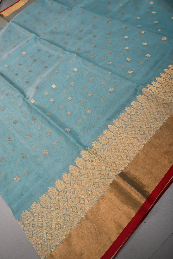 Light Blue Chanderi Silk Saree with Zari Buttas and Panel Design on Tissue Zari Border | SHOBITAM