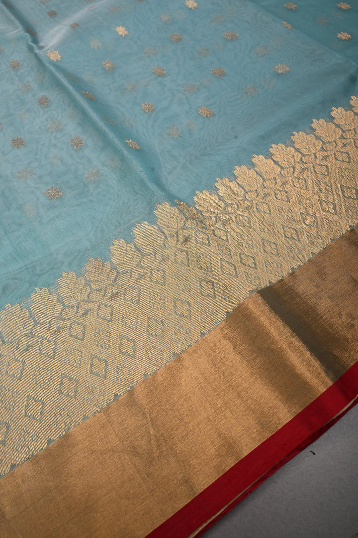 Light Blue Chanderi Silk Saree with Zari Buttas and Panel Design on Tissue Zari Border | SHOBITAM