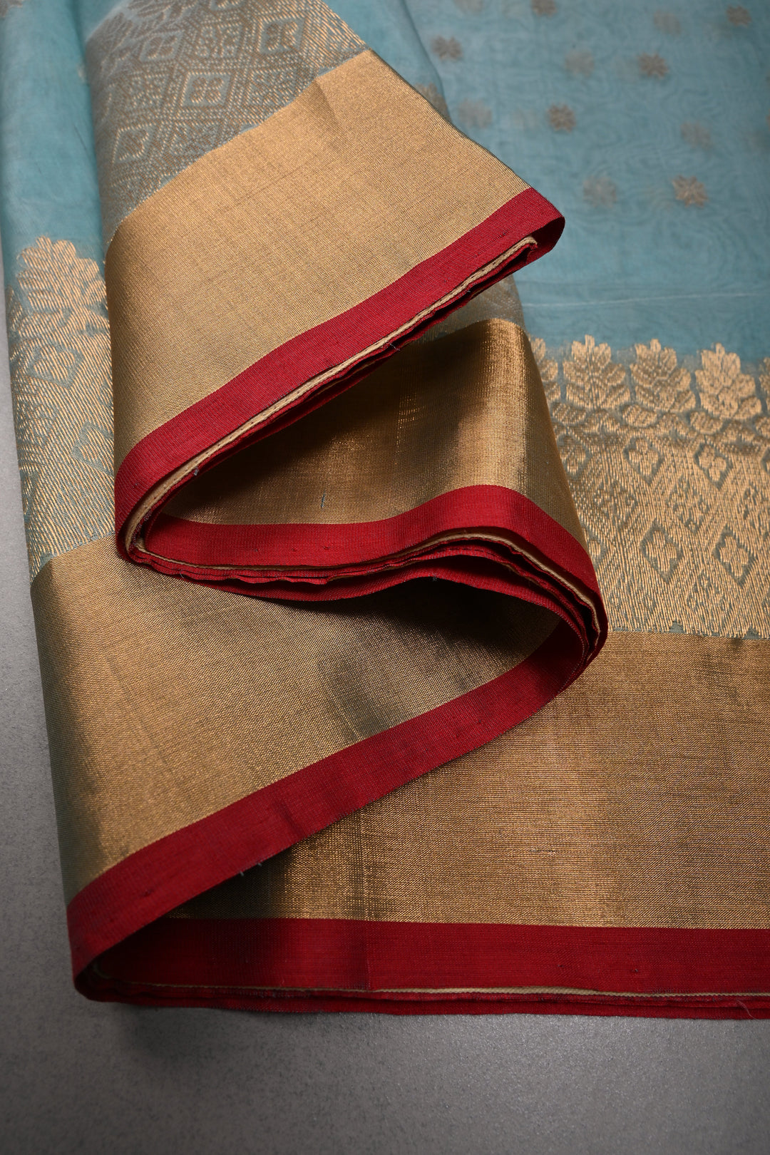 Light Blue Chanderi Silk Saree with Zari Buttas and Panel Design on Tissue Zari Border | SHOBITAM