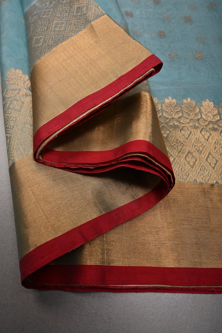 Light Blue Chanderi Silk Saree with Zari Buttas and Panel Design on Tissue Zari Border | SHOBITAM