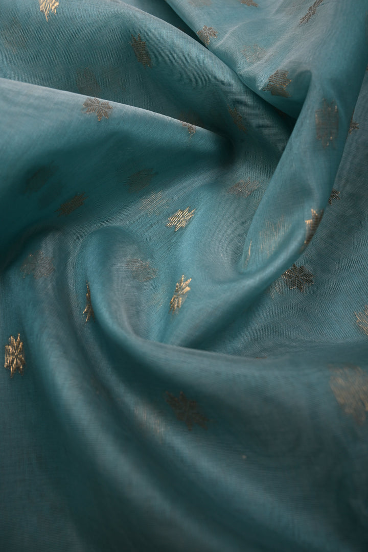 Light Blue Chanderi Silk Saree with Zari Buttas and Panel Design on Tissue Zari Border | SHOBITAM