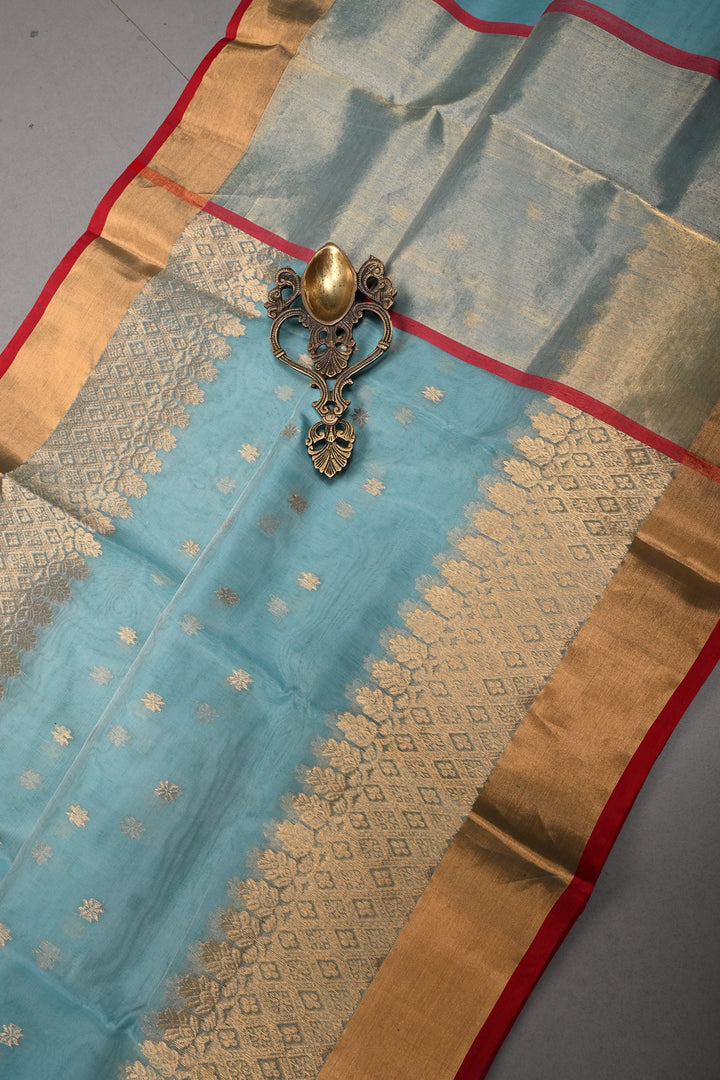 Light Blue Chanderi Silk Saree with Zari Buttas and Panel Design on Tissue Zari Border | SHOBITAM