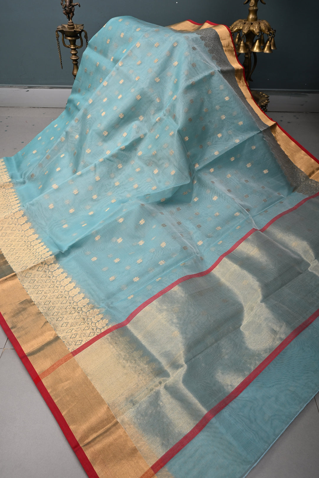 Light Blue Chanderi Silk Saree with Zari Buttas and Panel Design on Tissue Zari Border | SHOBITAM