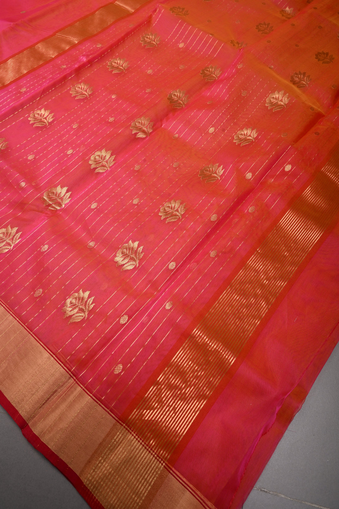 Pink-Orange Dual Tone Chanderi Silk Saree with Zari Buttas and Tissue Zari Border | SHOBITAM