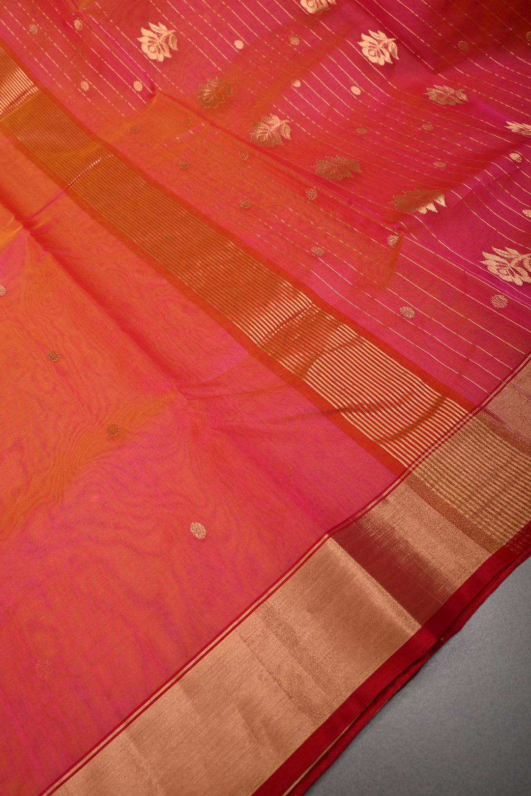 Pink-Orange Dual Tone Chanderi Silk Saree with Zari Buttas and Tissue Zari Border | SHOBITAM