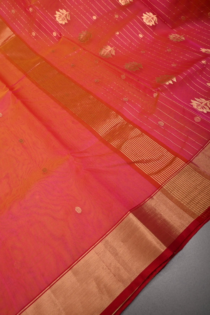 Pink-Orange Dual Tone Chanderi Silk Saree with Zari Buttas and Tissue Zari Border | SHOBITAM