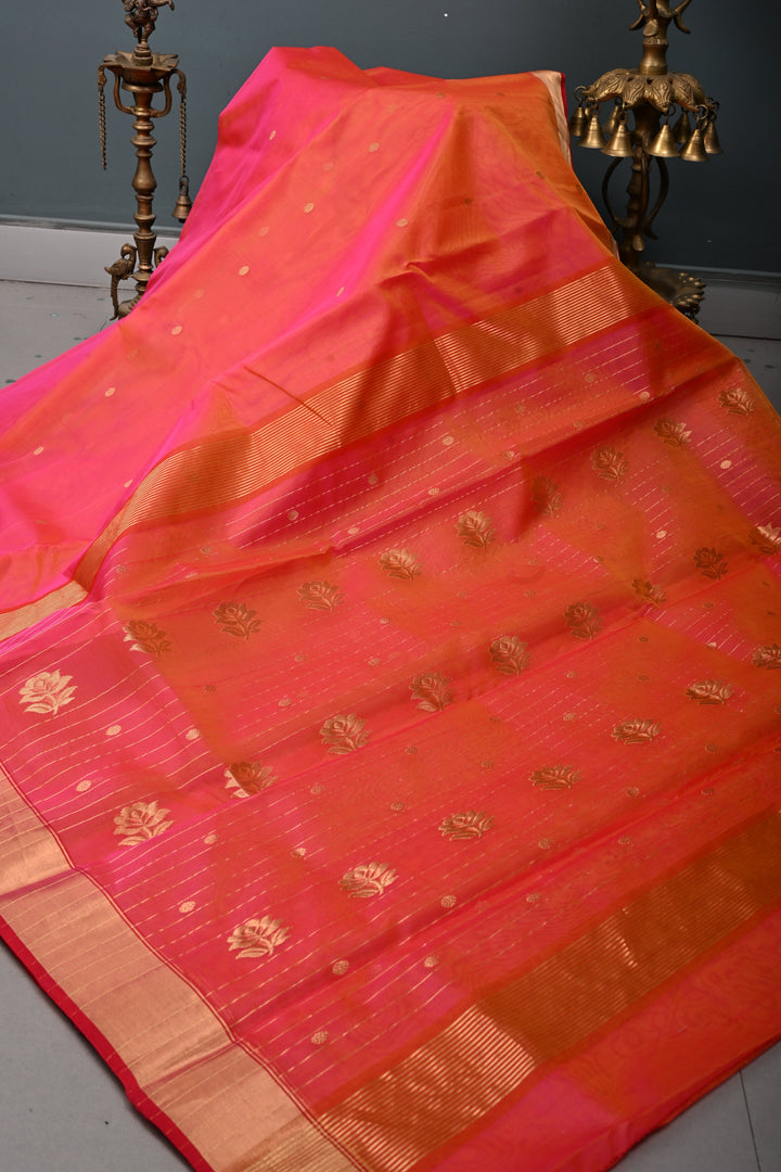 Pink-Orange Dual Tone Chanderi Silk Saree with Zari Buttas and Tissue Zari Border | SHOBITAM