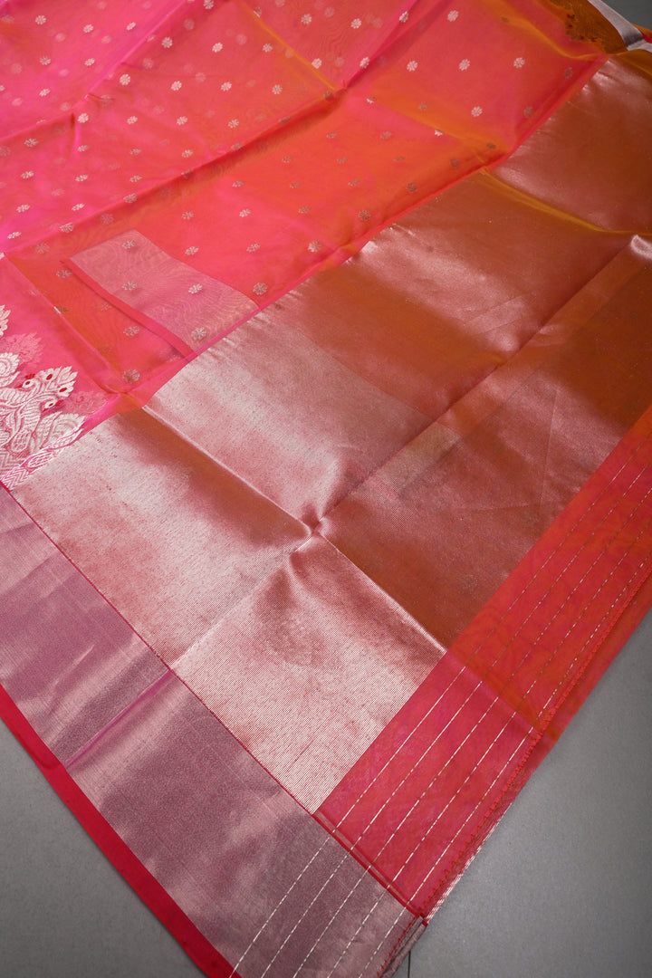 Orange-Pink Dual Tone Chanderi Silk Saree with Silver Zari Buttas and Meenakari Panel Design on Tissue Zari Border | SHOBITAM