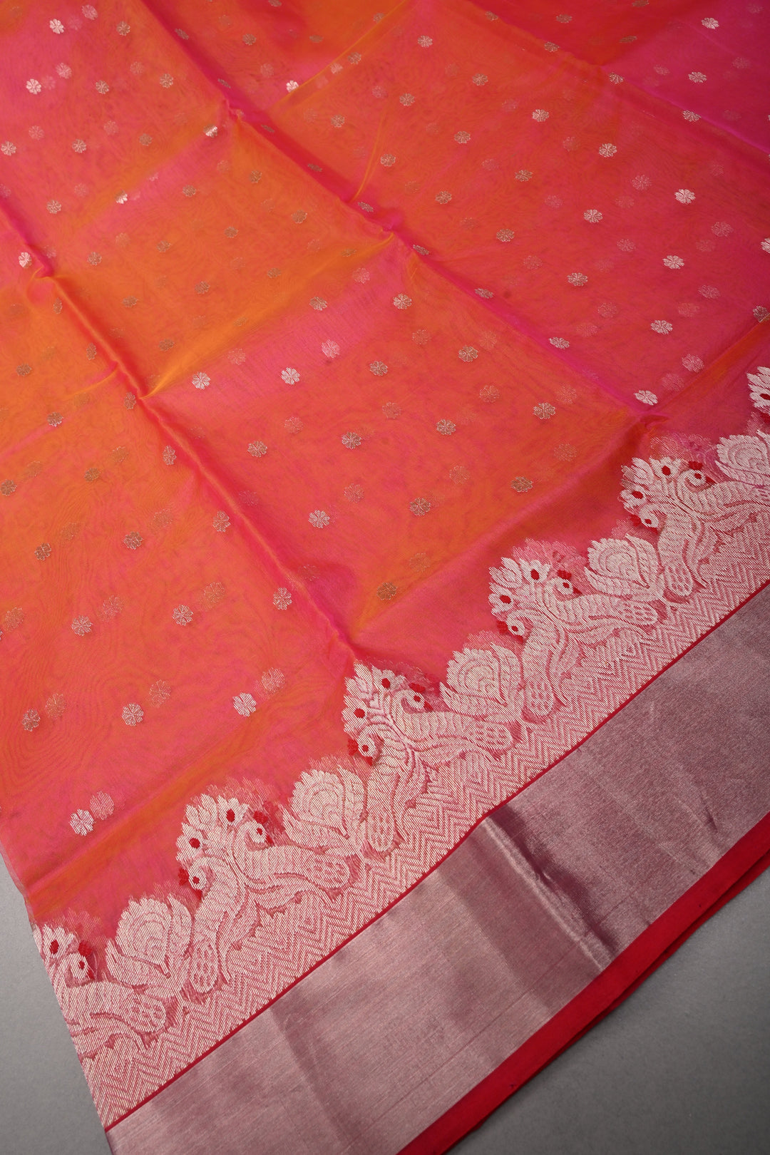 Orange-Pink Dual Tone Chanderi Silk Saree with Silver Zari Buttas and Meenakari Panel Design on Tissue Zari Border | SHOBITAM