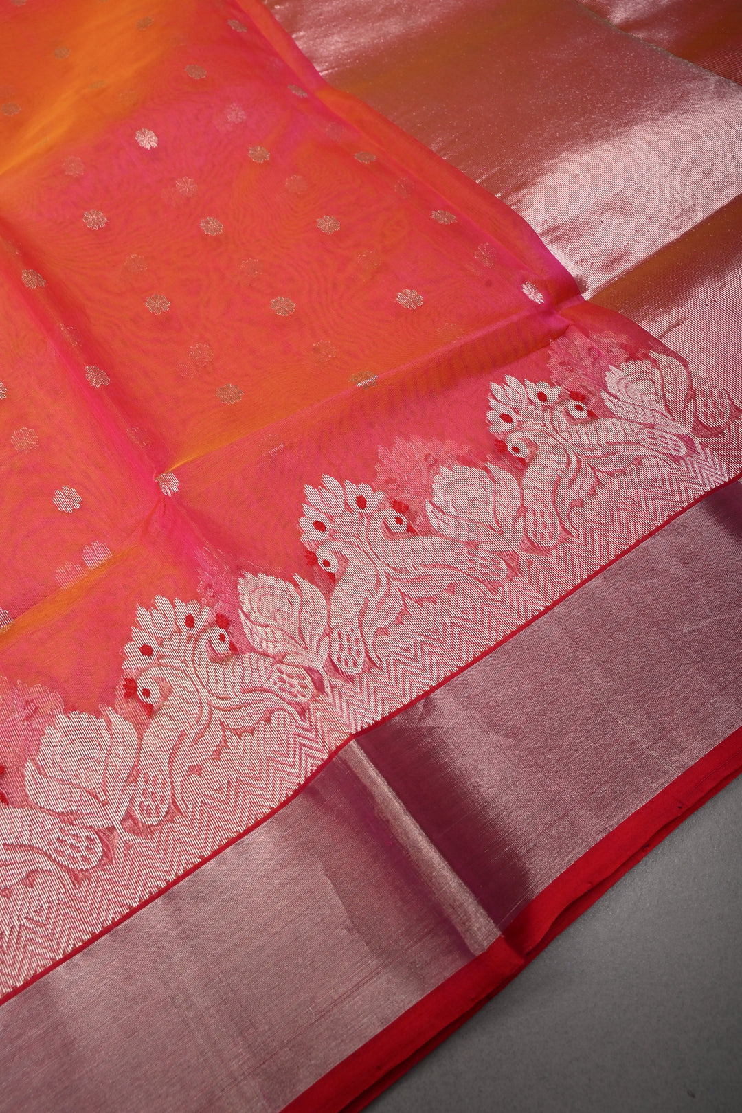 Orange-Pink Dual Tone Chanderi Silk Saree with Silver Zari Buttas and Meenakari Panel Design on Tissue Zari Border | SHOBITAM