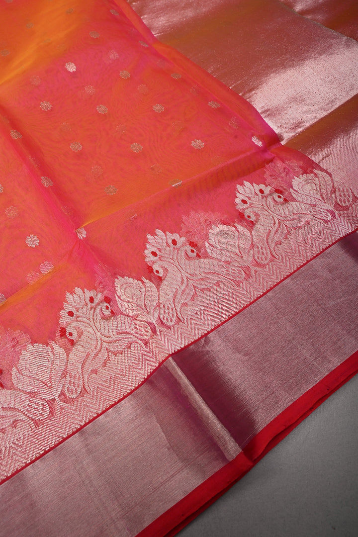Orange-Pink Dual Tone Chanderi Silk Saree with Silver Zari Buttas and Meenakari Panel Design on Tissue Zari Border | SHOBITAM