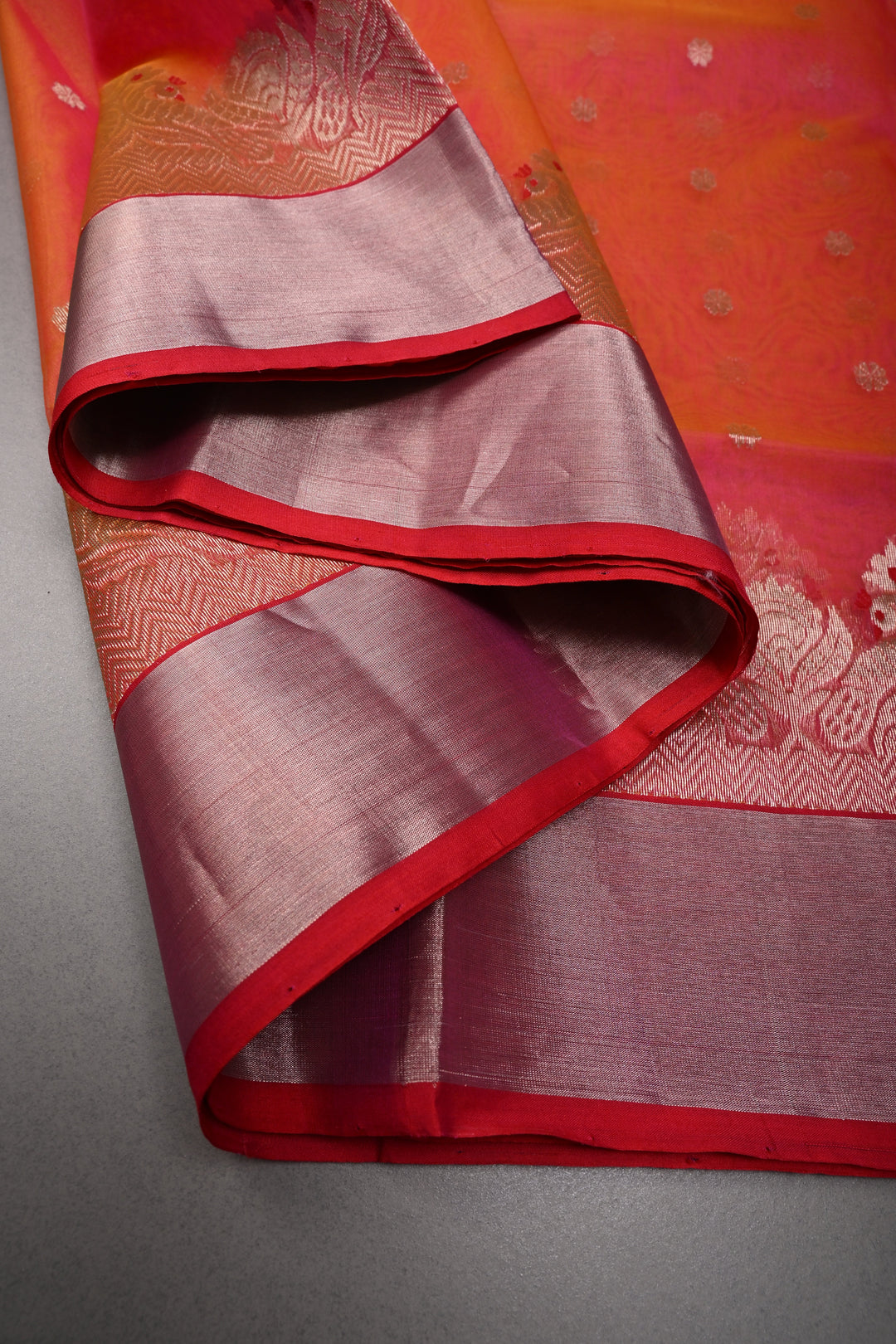 Orange-Pink Dual Tone Chanderi Silk Saree with Silver Zari Buttas and Meenakari Panel Design on Tissue Zari Border | SHOBITAM