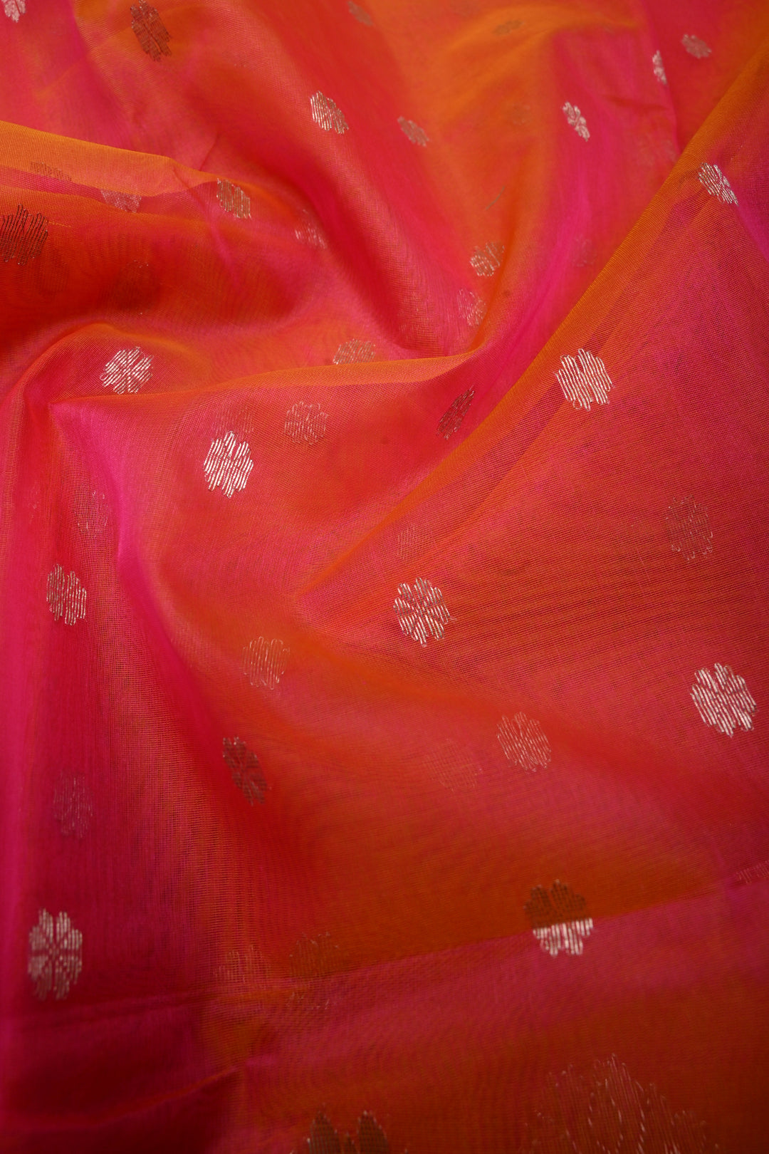 Orange-Pink Dual Tone Chanderi Silk Saree with Silver Zari Buttas and Meenakari Panel Design on Tissue Zari Border | SHOBITAM