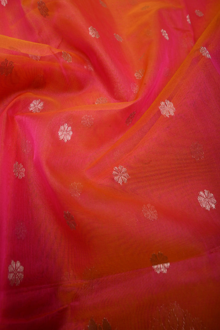 Orange-Pink Dual Tone Chanderi Silk Saree with Silver Zari Buttas and Meenakari Panel Design on Tissue Zari Border | SHOBITAM