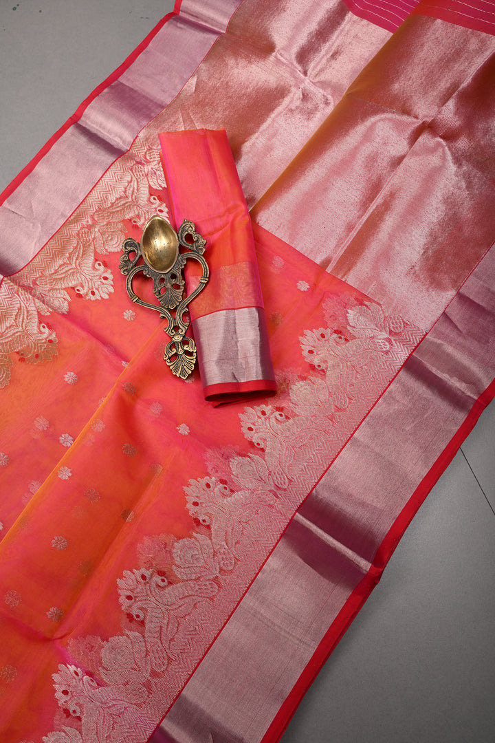 Orange-Pink Dual Tone Chanderi Silk Saree with Silver Zari Buttas and Meenakari Panel Design on Tissue Zari Border | SHOBITAM