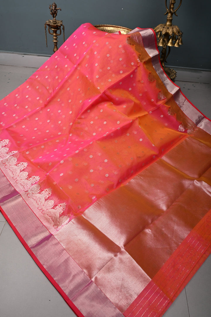 Orange-Pink Dual Tone Chanderi Silk Saree with Silver Zari Buttas and Meenakari Panel Design on Tissue Zari Border | SHOBITAM