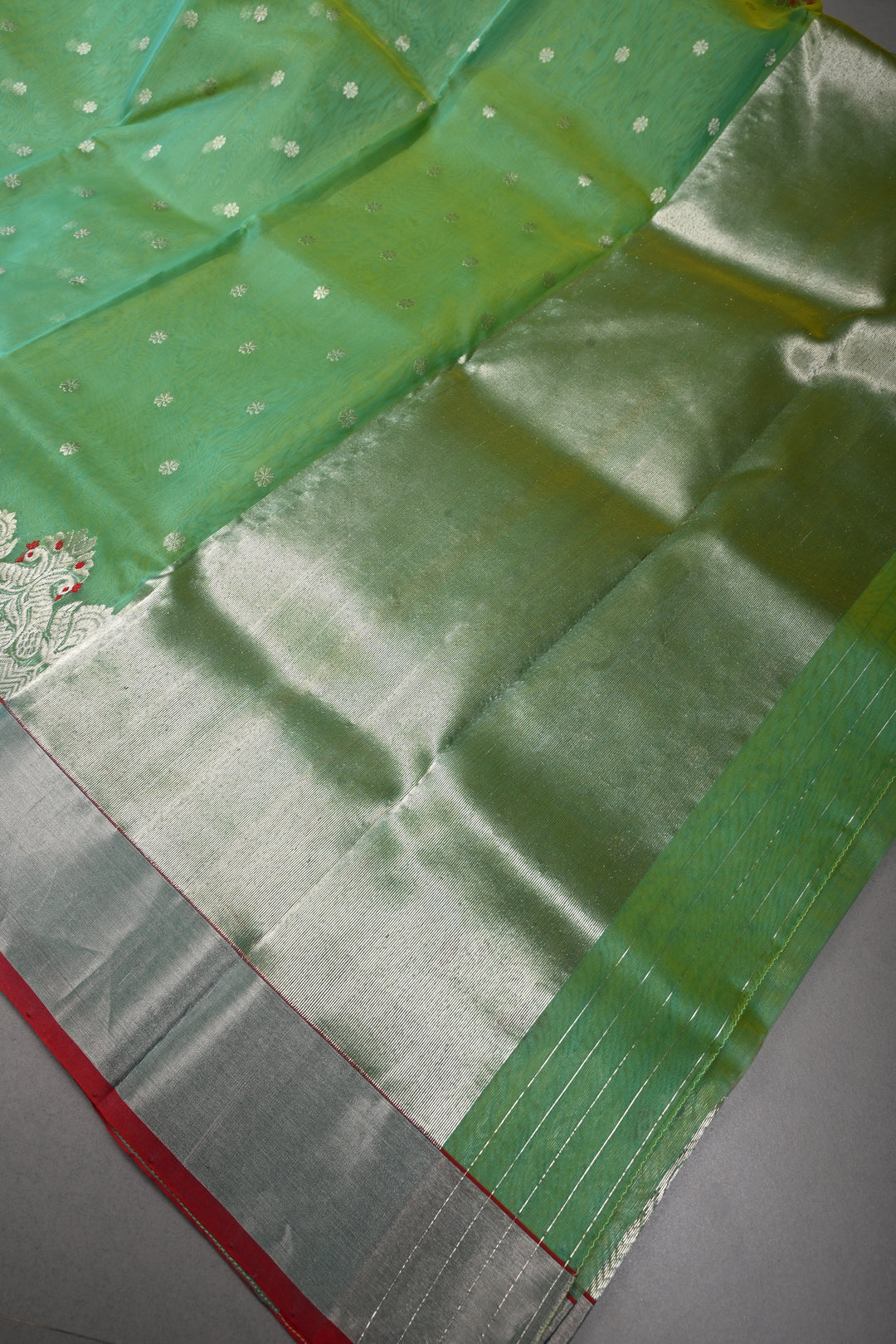 Green Dual Tone Chanderi Silk Saree with Silver Zari Buttas and Meenakari Design on Zari Border | SHOBITAM