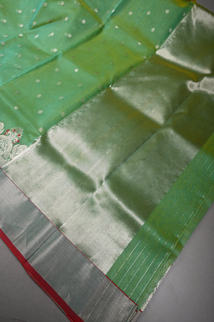 Green Dual Tone Chanderi Silk Saree with Silver Zari Buttas and Meenakari Design on Zari Border | SHOBITAM