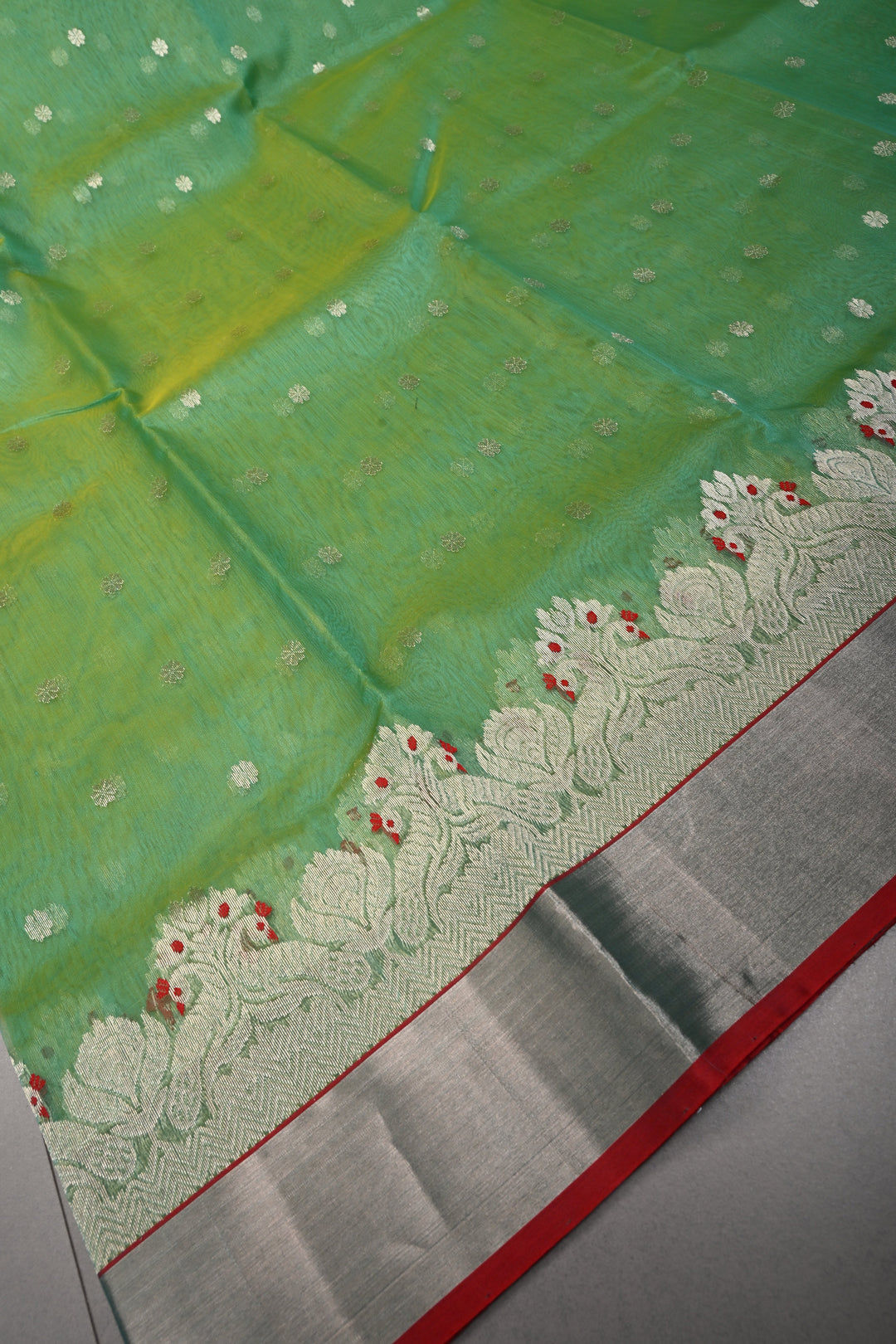 Green Dual Tone Chanderi Silk Saree with Silver Zari Buttas and Meenakari Design on Zari Border | SHOBITAM