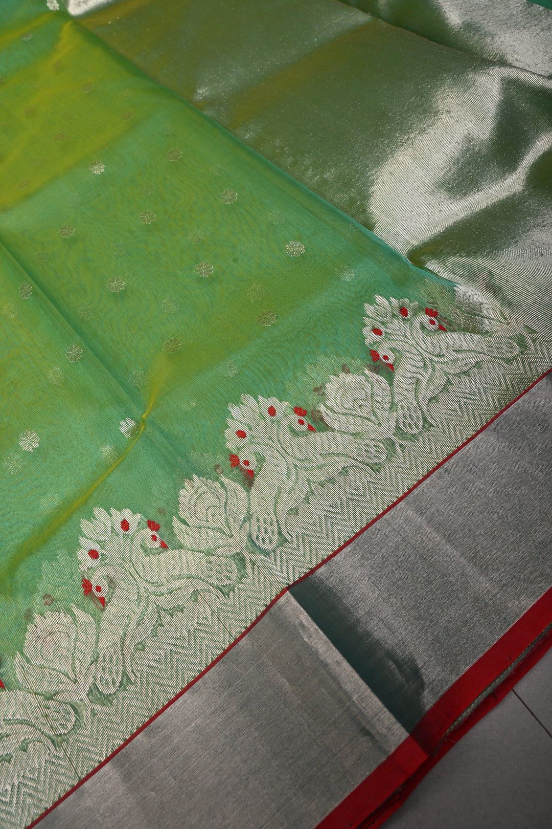 Green Dual Tone Chanderi Silk Saree with Silver Zari Buttas and Meenakari Design on Zari Border | SHOBITAM