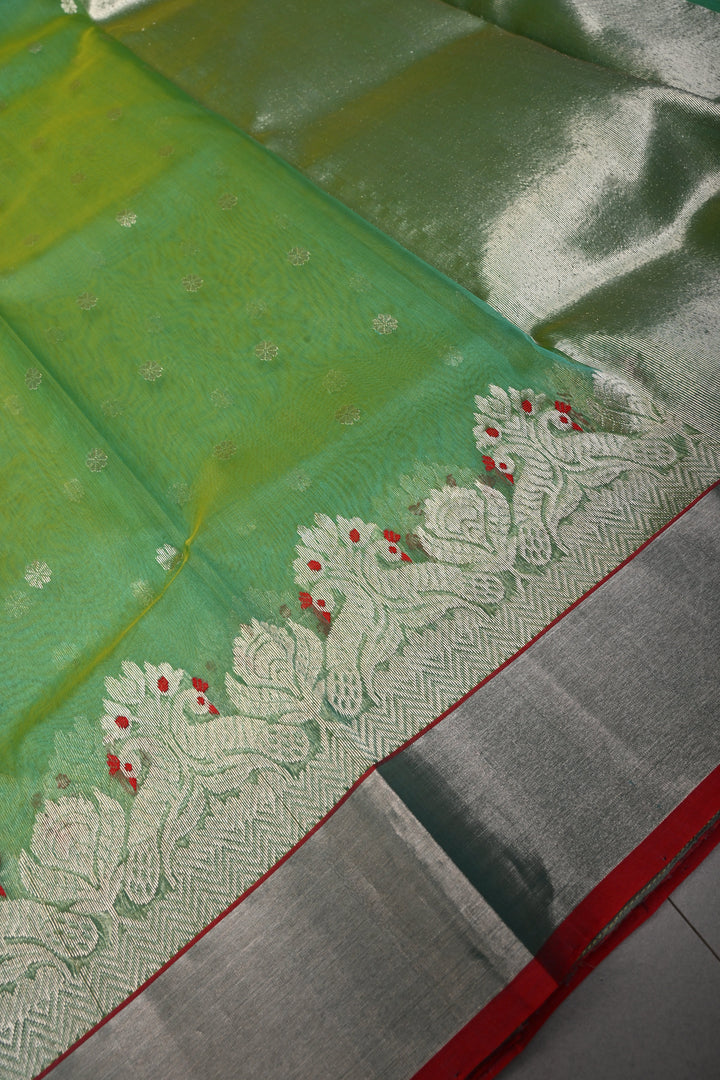 Green Dual Tone Chanderi Silk Saree with Silver Zari Buttas and Meenakari Design on Zari Border | SHOBITAM