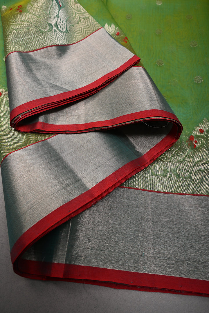 Green Dual Tone Chanderi Silk Saree with Silver Zari Buttas and Meenakari Design on Zari Border | SHOBITAM