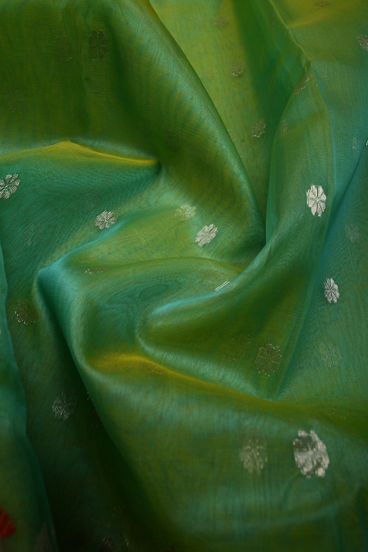 Green Dual Tone Chanderi Silk Saree with Silver Zari Buttas and Meenakari Design on Zari Border | SHOBITAM