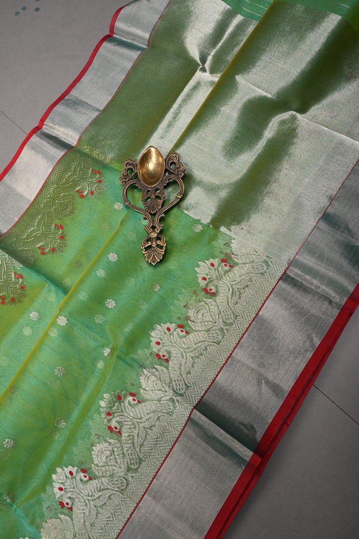 Green Dual Tone Chanderi Silk Saree with Silver Zari Buttas and Meenakari Design on Zari Border | SHOBITAM