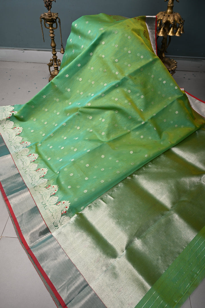 Green Dual Tone Chanderi Silk Saree with Silver Zari Buttas and Meenakari Design on Zari Border | SHOBITAM